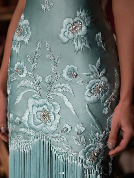 Exquisite Sage Green Embroidery Sheath Prom Dress Tassel Skirt,AST2221