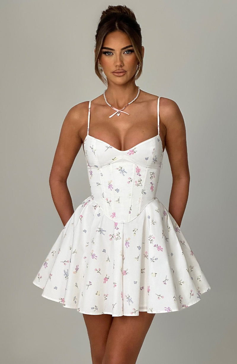 Analeigh Mini Dress - White Multi Floral Print Dress Babyboo Fashion Premium Exclusive Design