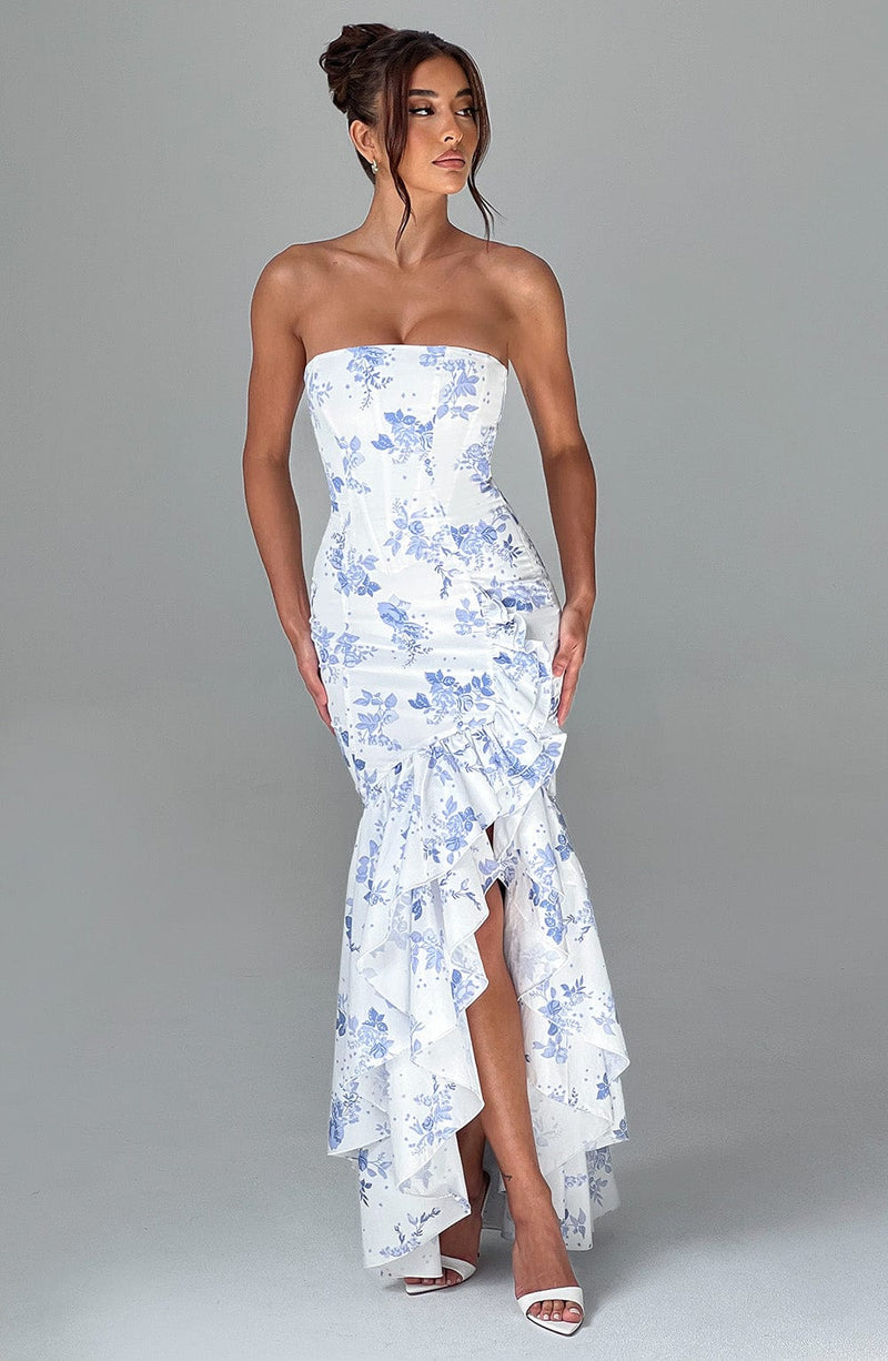Angelina Maxi Dress - Blue Floral Print Dress Babyboo Fashion Premium Exclusive Design