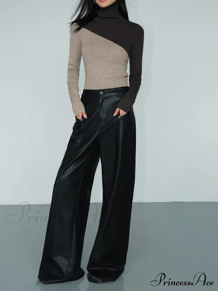 Asymmetric Patchwork Long Sleeve Modern Mock Neck Knit Top Sweaters-L
