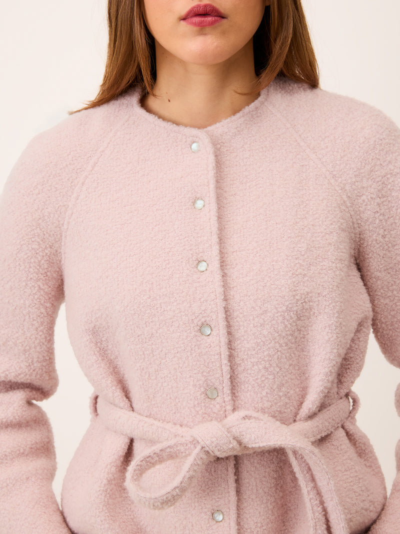 ANDREA pink bouclé jacket worn on a model by Rouje