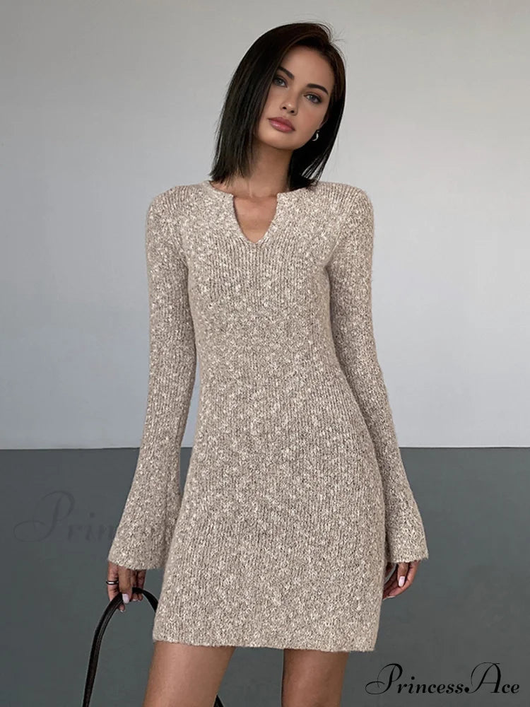 Bodycon V-Neck Long Trendy Sleeve Mini Knit Dress Sweaters-L