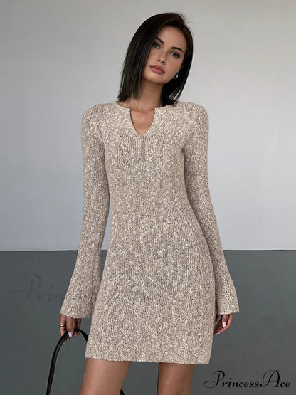 Bodycon V-Neck Long Trendy Sleeve Mini Knit Dress Sweaters-L