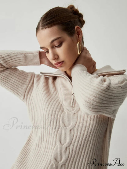 Cable Knit Open Trendy Collar Half Zip Sweater Sweaters-L