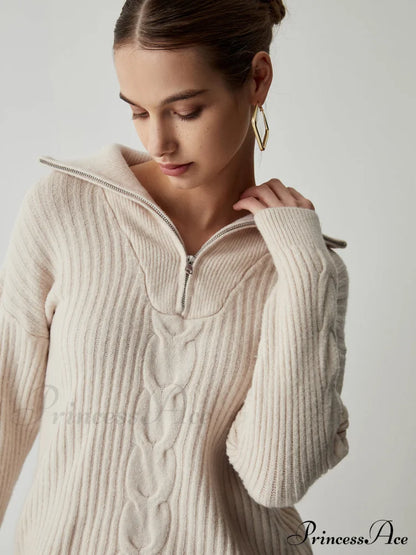 Cable Knit Open Trendy Collar Half Zip Sweater Sweaters-L