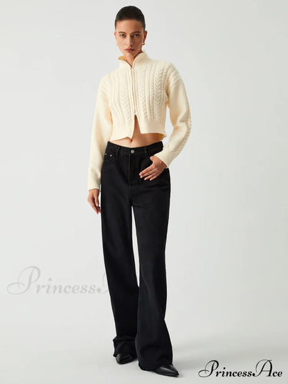 Cable Knit Two Trendy Way Zip Crop Cardigan Sweaters-L