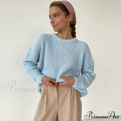 Candy Color Crewneck Trendy Pullover Sweater - Green S / Light Blue Sweaters