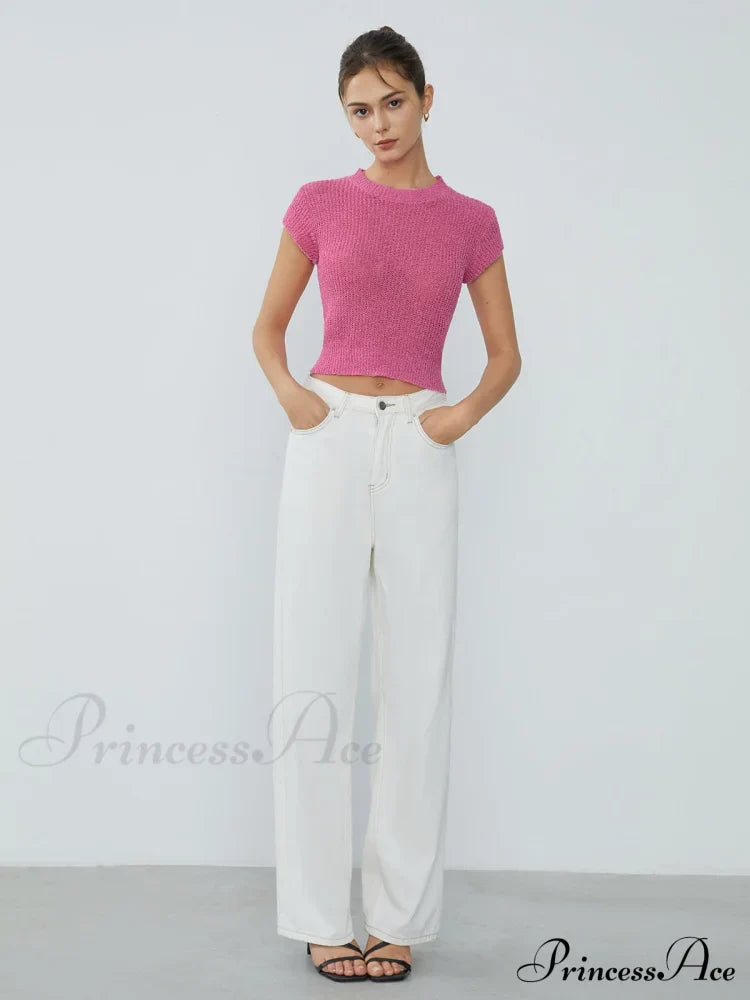 Cap Sleeve Graceful Knit Crop Top Sweaters-L