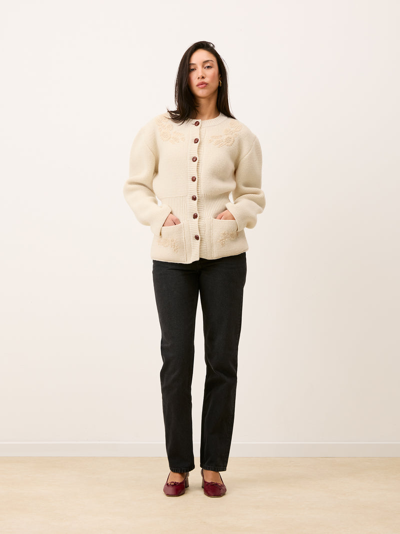 Full look with Atlas ecru embroidered cardigan, front view