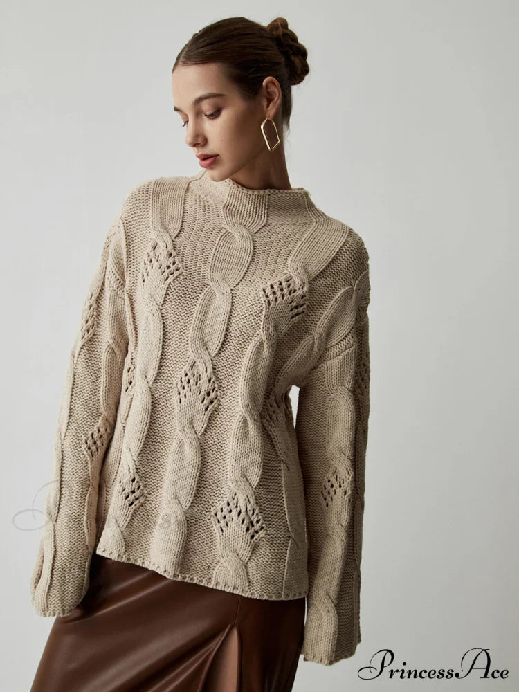 Chunky Cable Knit Trendy Mock Neck Sweater Sweaters-L