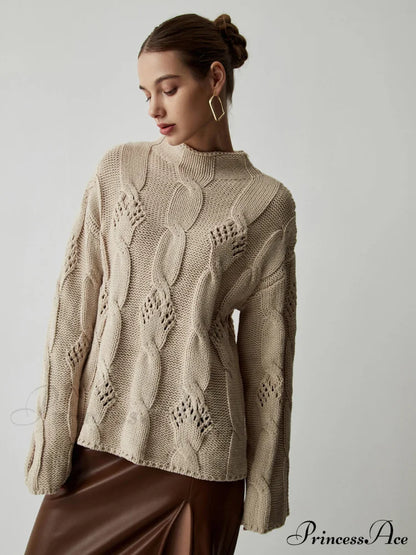 Chunky Cable Knit Trendy Mock Neck Sweater Sweaters-L