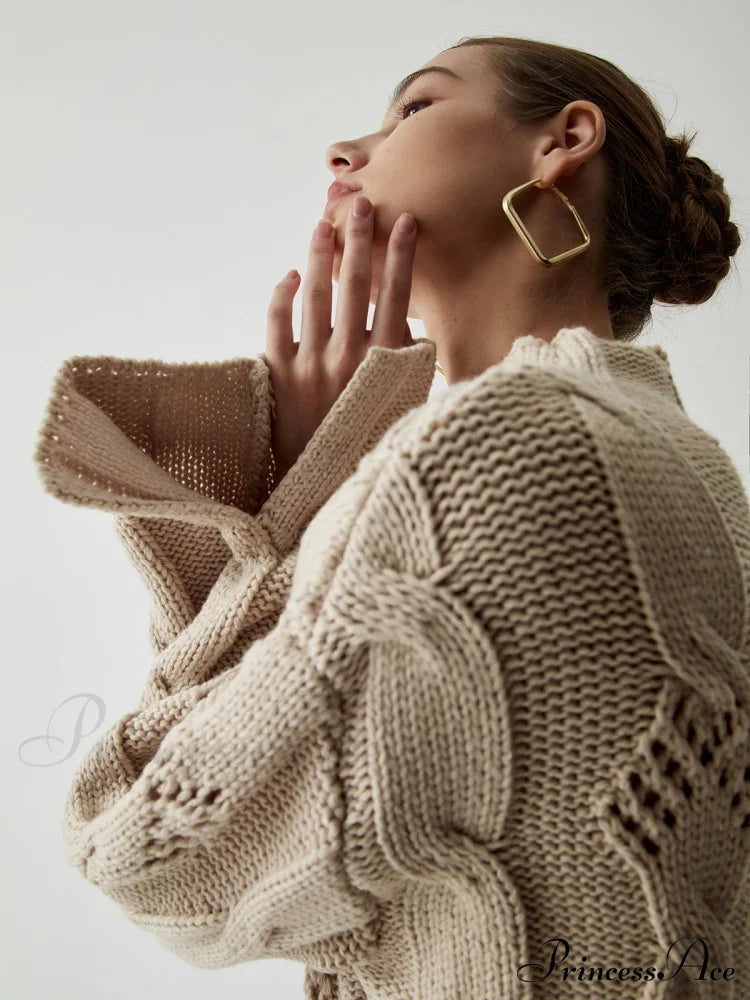 Chunky Cable Knit Trendy Mock Neck Sweater Sweaters-L