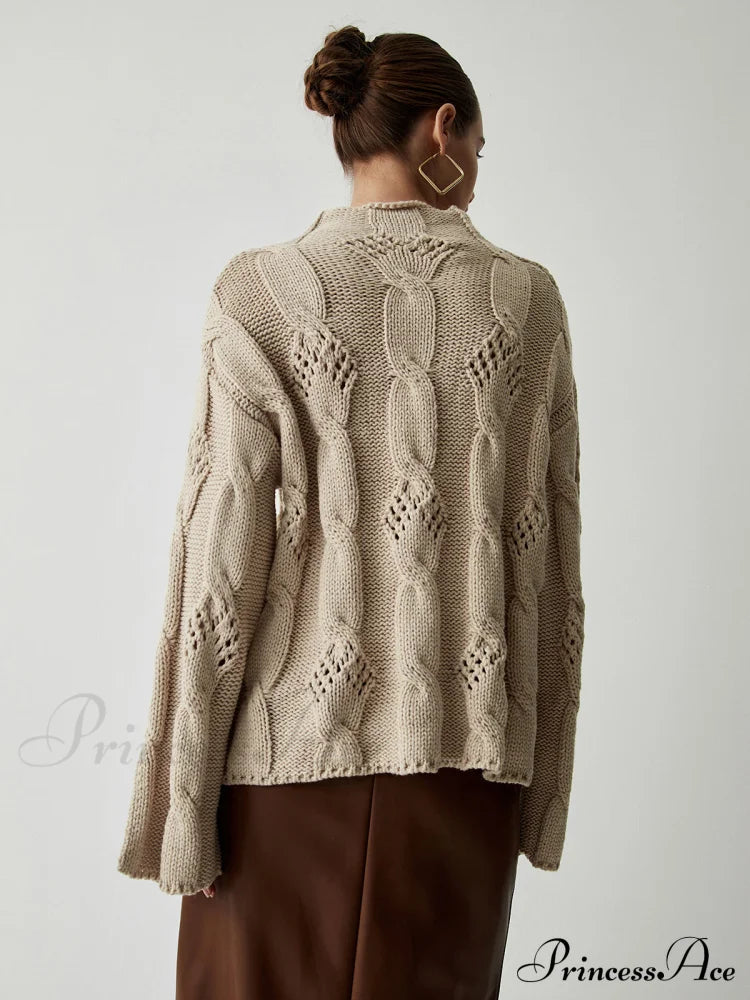 Chunky Cable Knit Trendy Mock Neck Sweater Sweaters-L