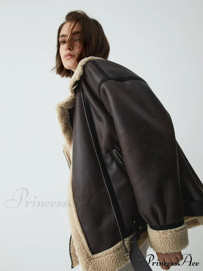 Classic Sherpa Lined Trendy Shearling Leather Flight Jacket Fleece Jackets