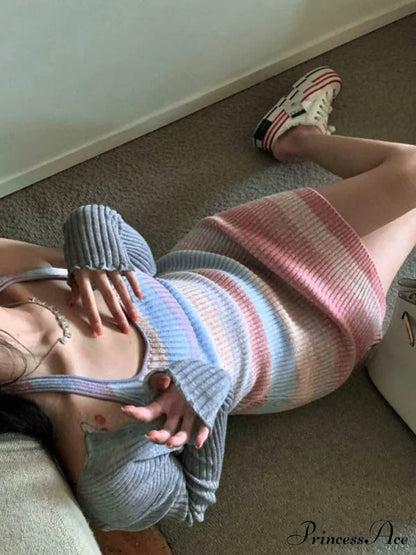 Color Block Graceful Striped Fleece Cardigan Mini Dresses
