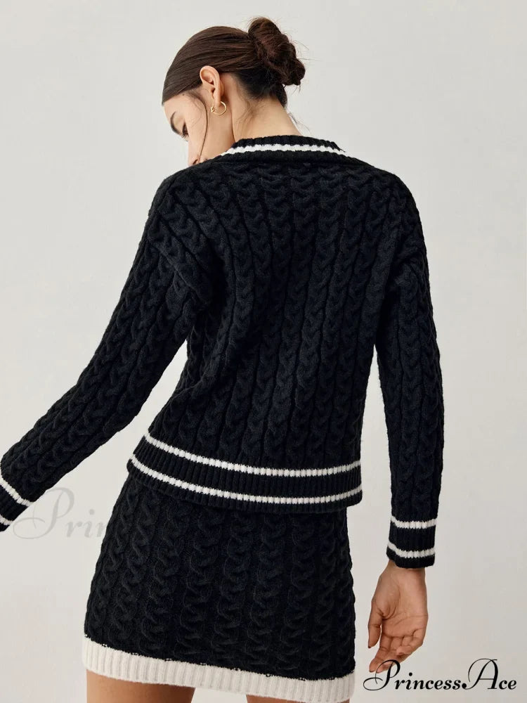 Contrast Trim Cable Knit Modern Sweater With Matching Skirt Sweaters-L