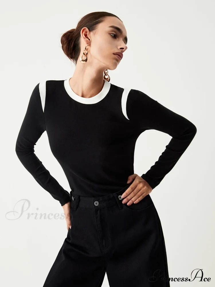Contrast Trim Graceful Long Sleeve Shirt Black / Xs T-Shirts