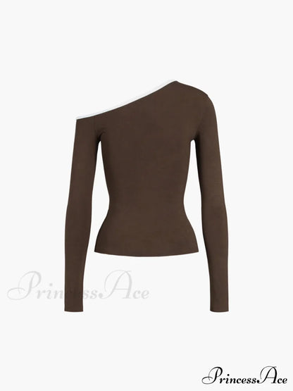 Contrast Trim Off Trendy Shoulder Long Sleeve Shirt T-Shirts