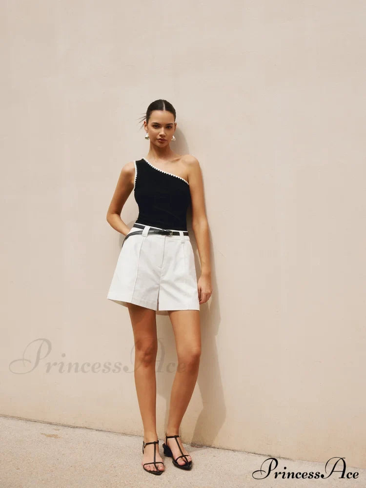 Contrast Trim One Trendy Shoulder Off Tank Top Tops & Camis