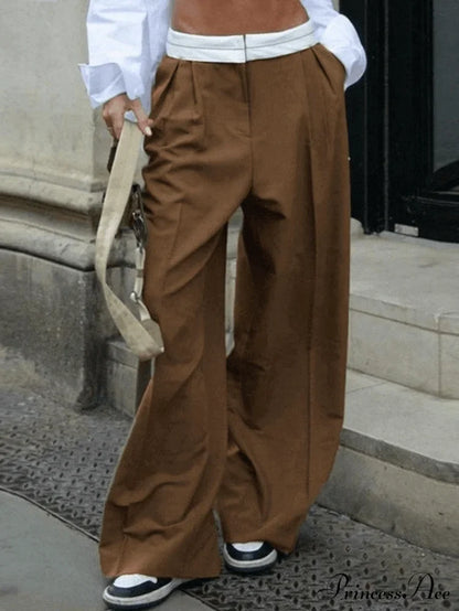 Contrast Waist Graceful Pleated Tailored Pants Brown / S