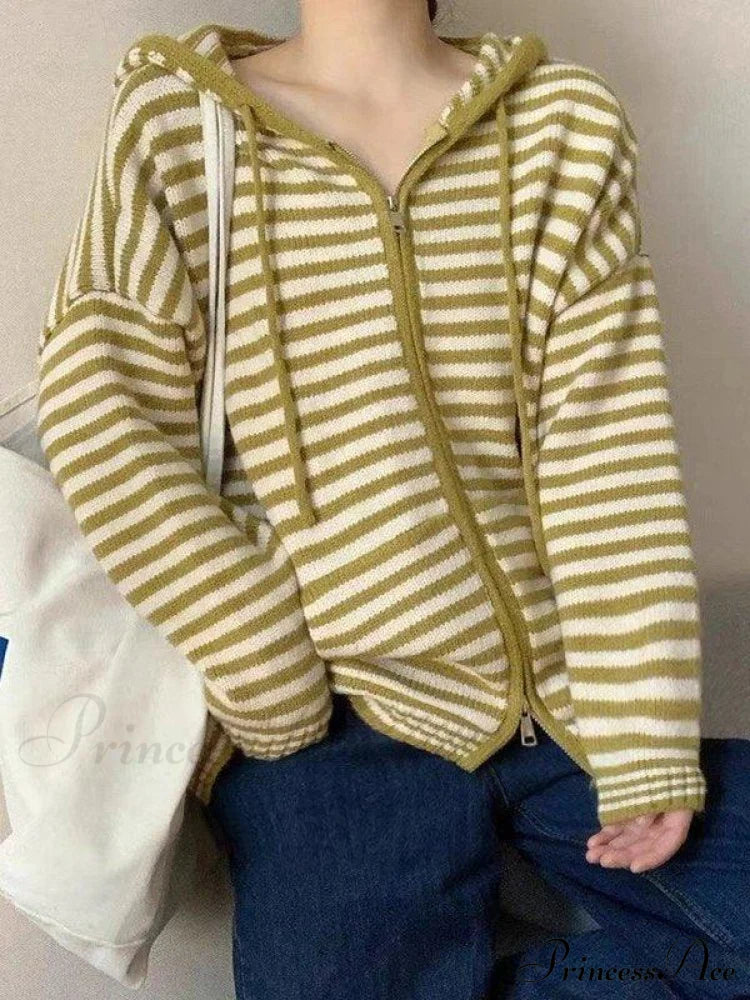 Contrasting Colors Striped Hooded Zipper Sweater Cardigan Casual Long-Sleeved Loose Hoodie Yellow /