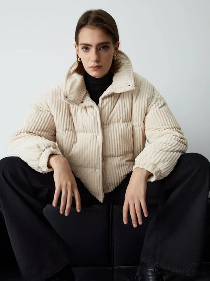 Corduroy Open Graceful Collar Puffer Coat Coats-L