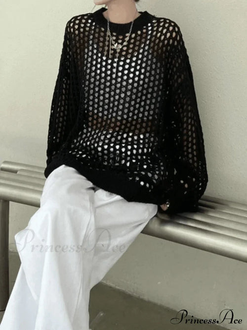 Crochet Long Sleeve Trendy Maxi Beach Dress Black / S Sweaters