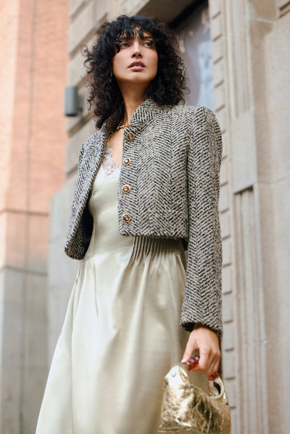 Cropped stand collar wool jacket