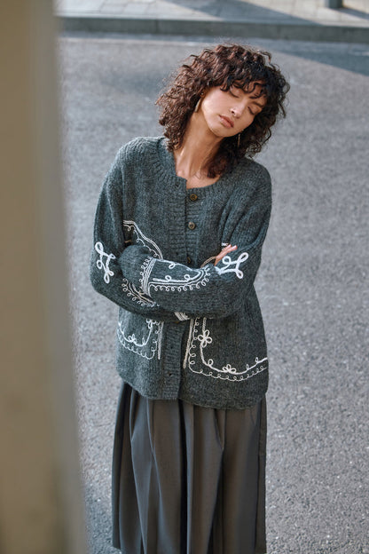 Embroidered wool blend cardigan