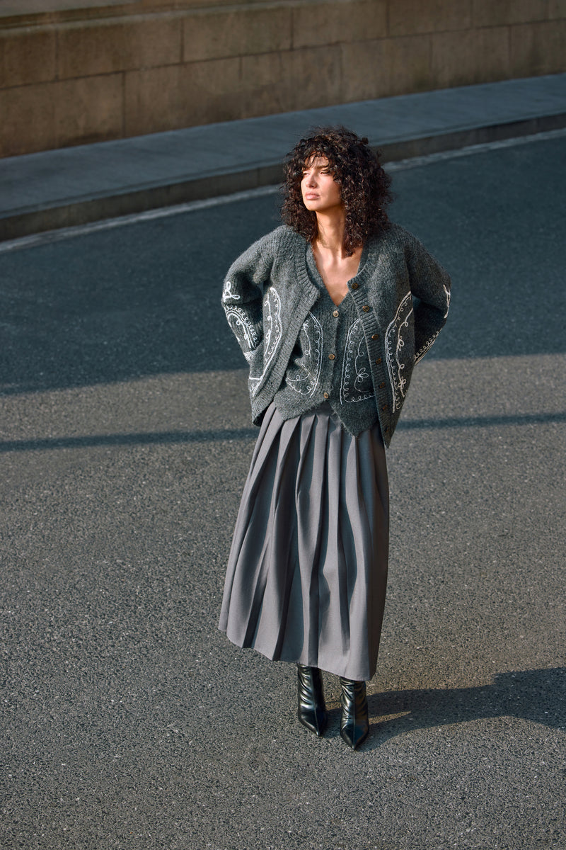Embroidered wool blend cardigan