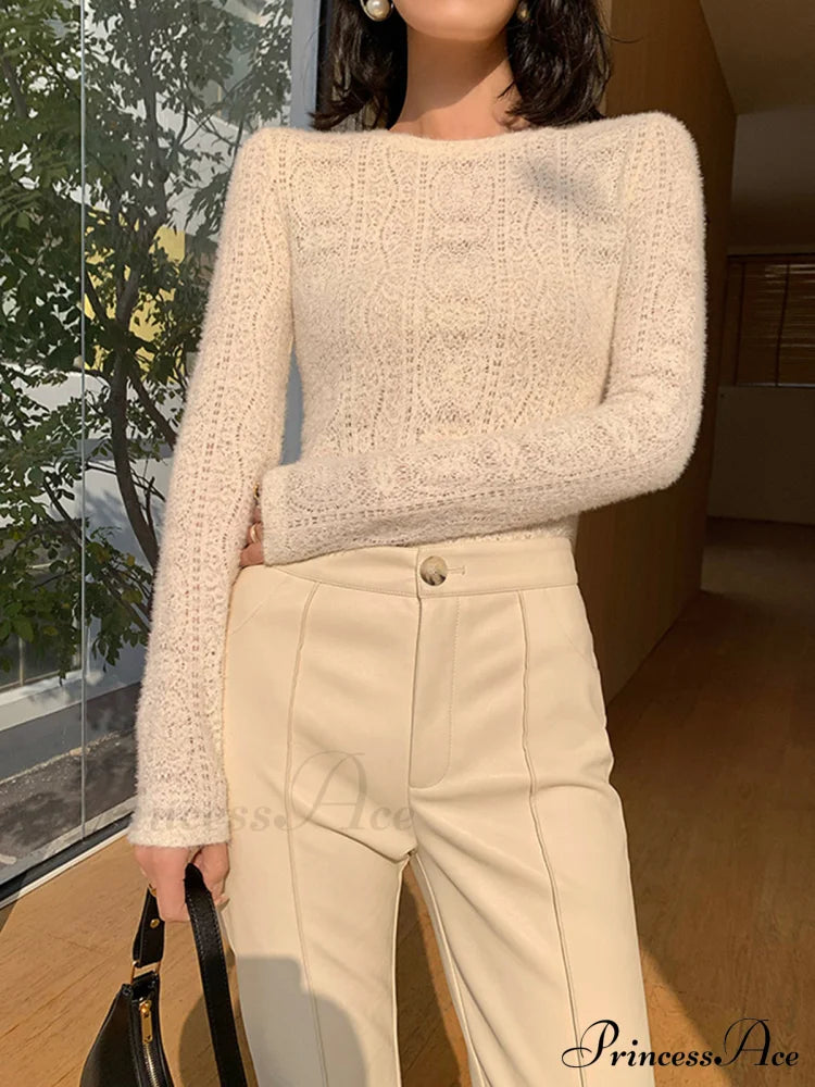 Floral Hollow Knit Crew Modern Neck Long Sleeve Top T-Shirts