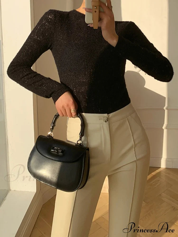 Floral Hollow Knit Crew Modern Neck Long Sleeve Top Black / Xs T-Shirts