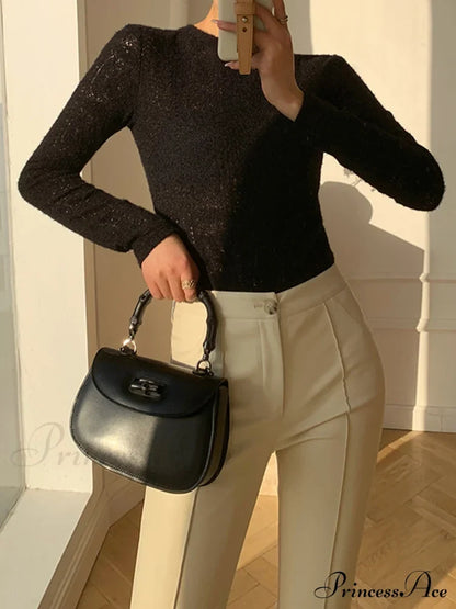 Floral Hollow Knit Crew Modern Neck Long Sleeve Top Black / Xs T-Shirts