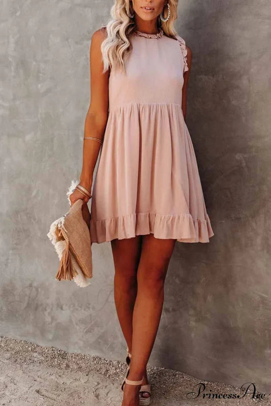 Florcoo Loose Solid Color Modern Short Sleeve V-Neck Mini Dress S / Pink Dresses
