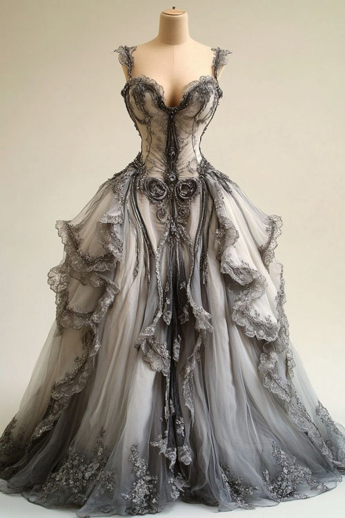 Grey V-neck Lace Tulle Long Ball Gown, Vintage Formal Dress