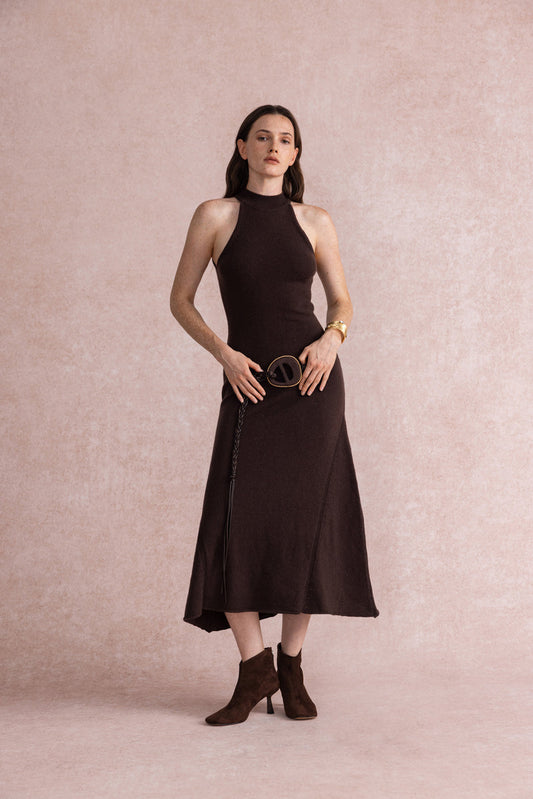 Halterneck fit and flare knit dress