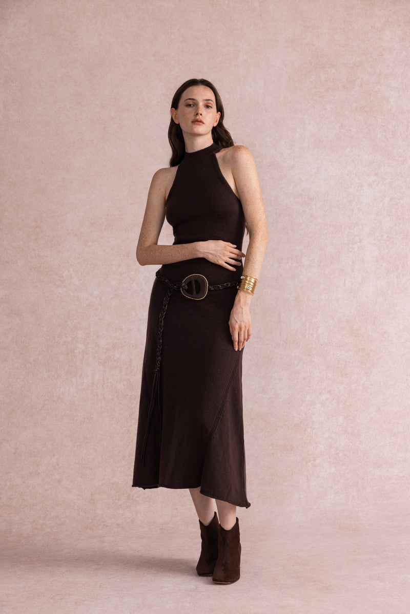 Halterneck fit and flare knit dress