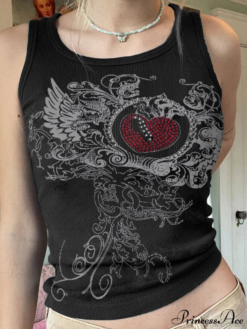 Heart Print Graceful White Crop Top Black / S Tank Tops&Camis