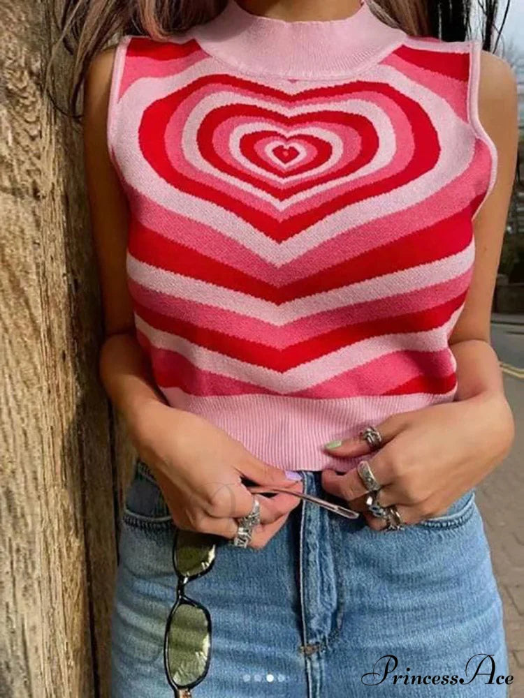Heart Rhinestone Rib Trendy Crop Tank Top Shirts & Tops