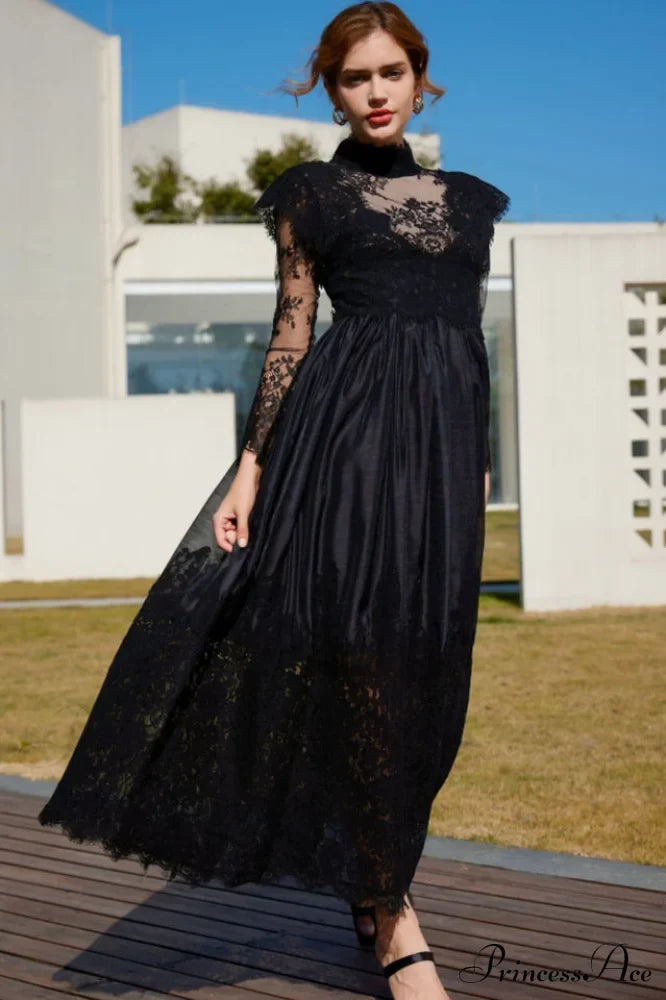 Jamie Black Floral Charming Lace Stitching Dress