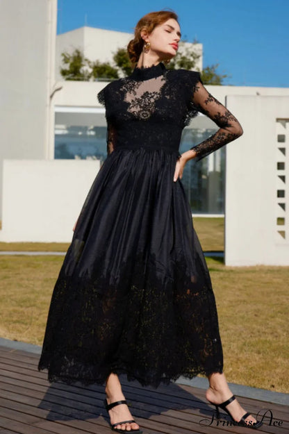 Jamie Black Floral Charming Lace Stitching Dress