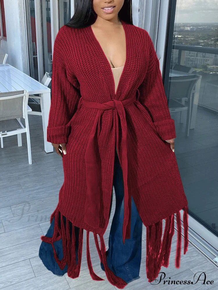 Knit Slit Graceful Turtleneck Sweaters Wine Red / S Coats & Jackets