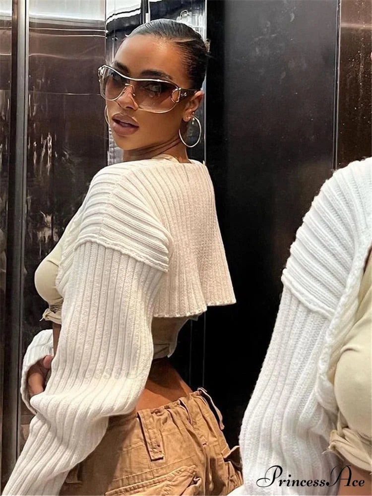 Knit Sweater Stylish Cropped Sleeve Sweaters-L