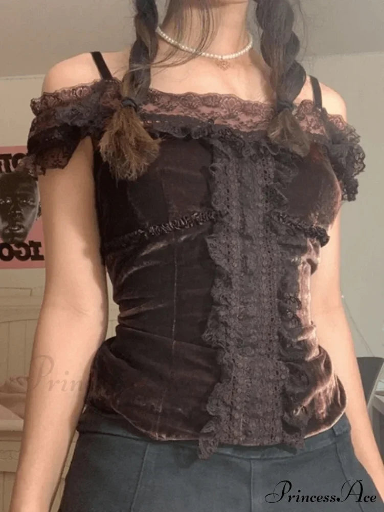 Lace O Neck Trendy Irregular Maxi Dress Brown / S Shirts