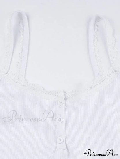 Lace Trim Button Trendy Up Cami Top Tops&Tees