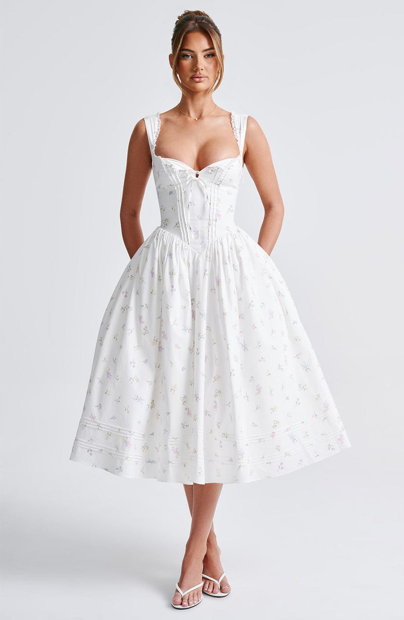 Marlena Midi Dress - White Multi Floral Print Dress Babyboo Fashion Premium Exclusive Design