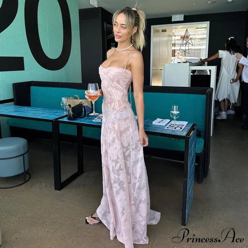 Pink Floral Stylish Lace Maxi Dress