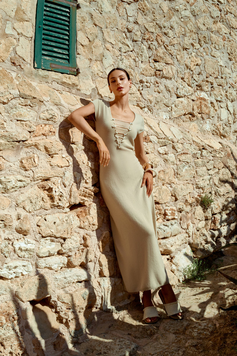 Plunging V neck wool dress