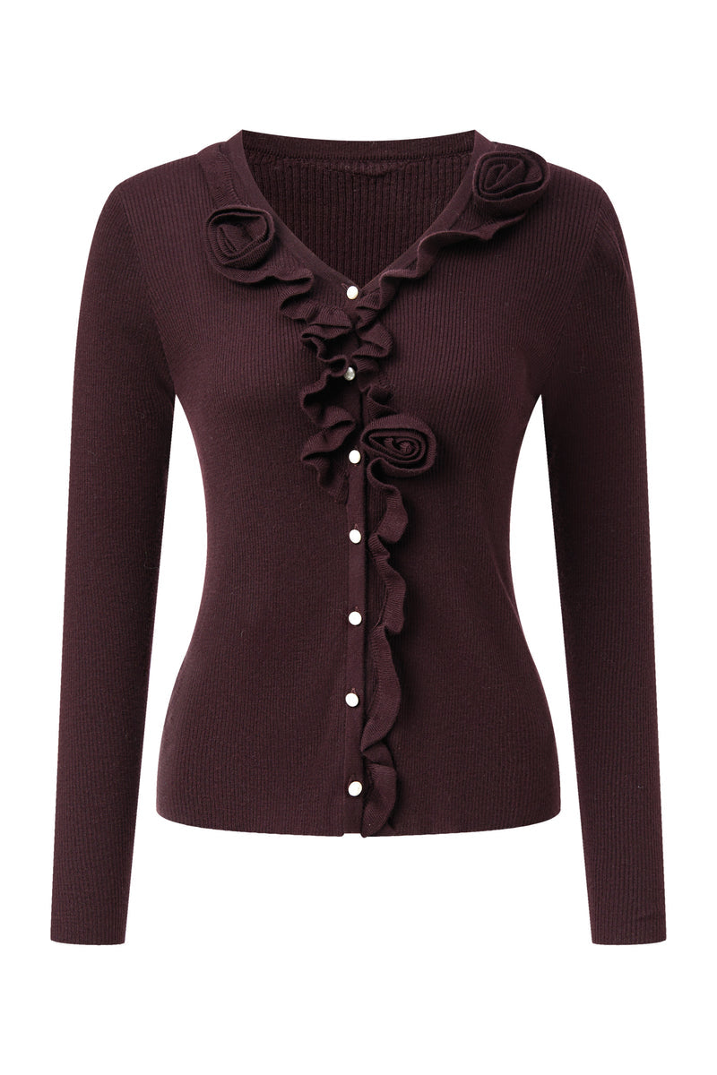 Rosette ribbed wool cardigan