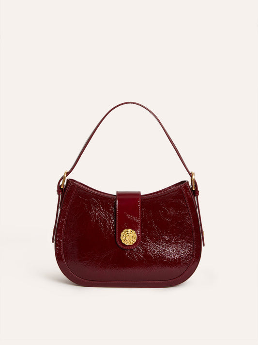 GALA burgundy vintage crackled patent leather handbag, front view by Rouje